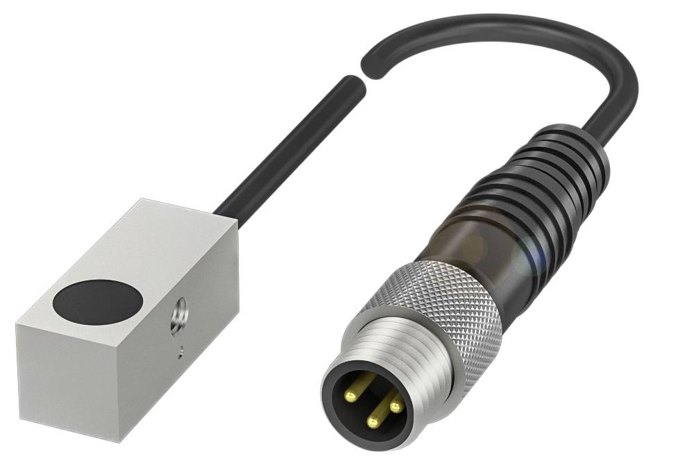 Induktiver Sensor mit rechteckigem Gehäuse und rundem Steckeranschluss für industrielle Automatisierungsanwendungen.