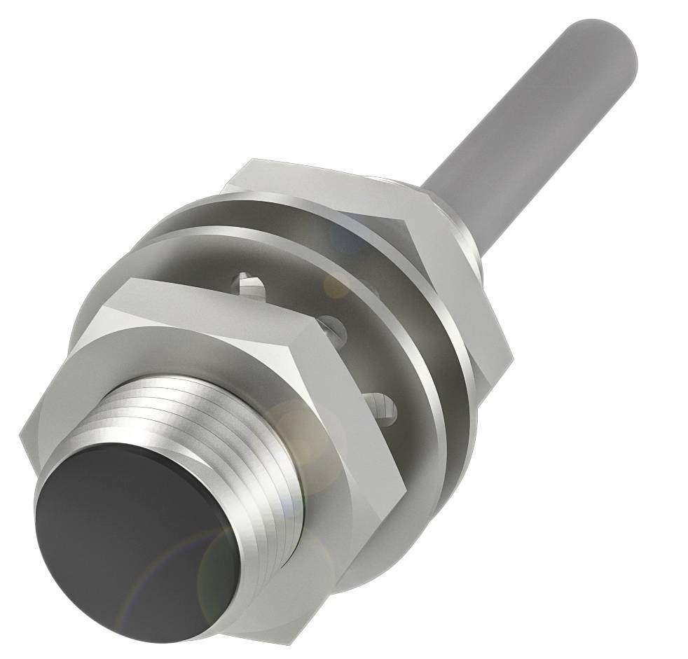Metallsensor in zylindrischer Form mit Schraubgewinde und Steckkontakt, geeignet für industrielle Anwendungen.