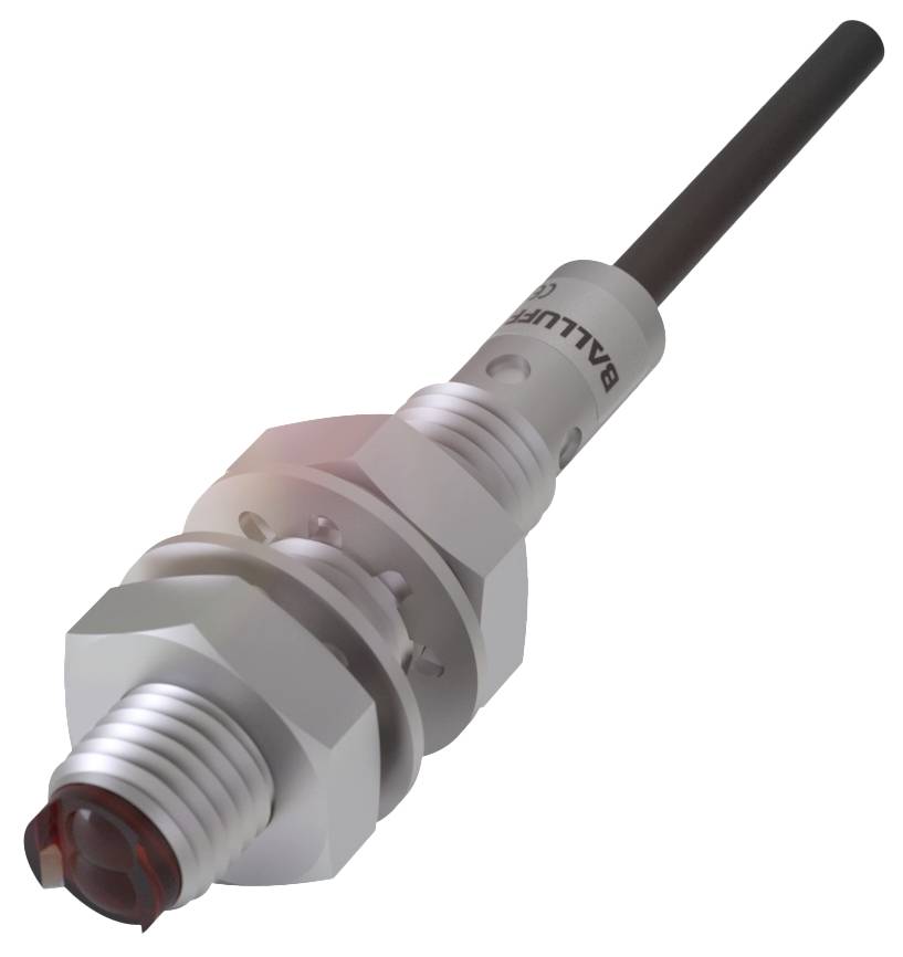 Ein zylindrischer Sensor mit einem Metallgehäuse und einem schwarzen Kabelanschluss. Markierung 'BALLUFF' auf dem Gehäuse.