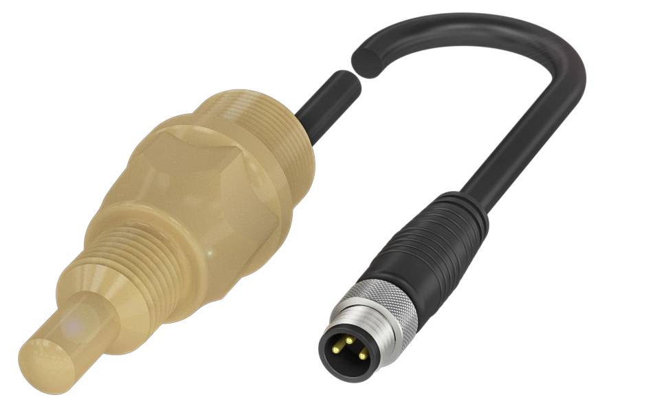 Zwei Steckverbinder: Einer transparent beige mit Gewinde, der andere schwarz mit Metallring und drei Pins, beide miteinander verbunden.