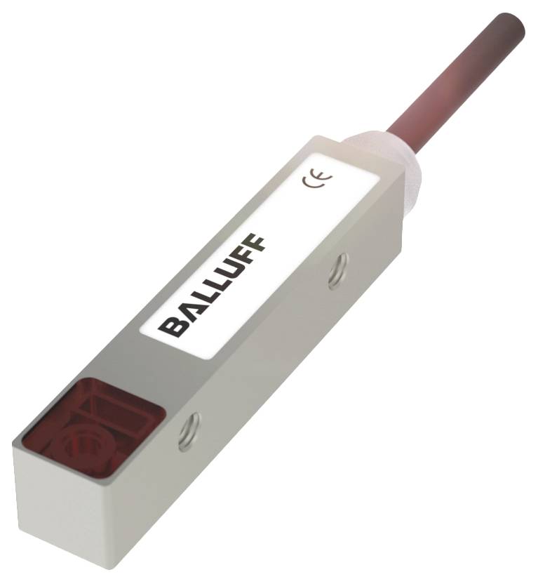 Ein rechteckiger Sensor der Marke Balluff, hauptsächlich silbern mit schwarzem 'BALLUFF'-Schriftzug und einem roten Kabelanschluss.