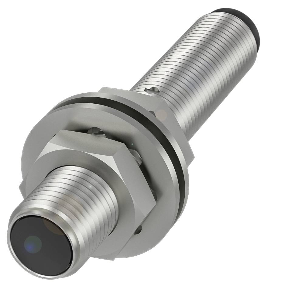 Zylindrischer Näherungssensor aus Metall mit Gewinde, eingebautem Sechskantmuttern und einem glatten, schwarzen Sensor an der Spitze.