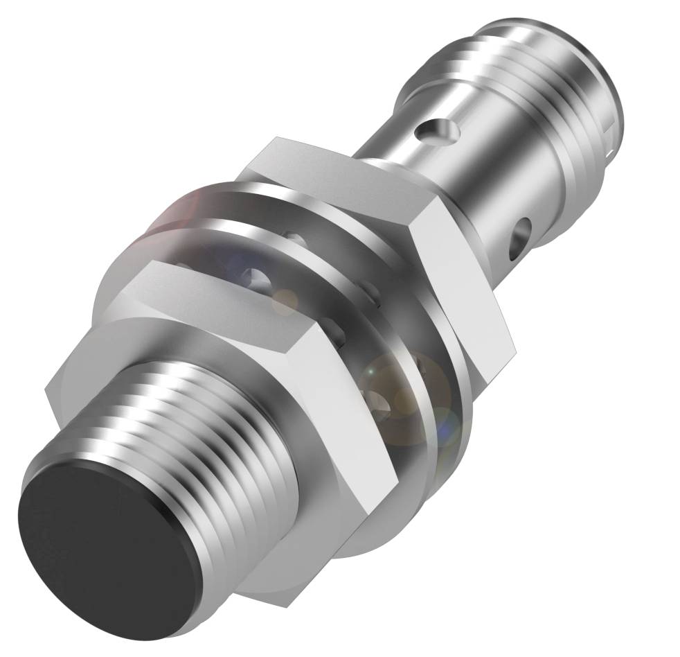 Ein silberfarbenes, zylinderförmiges Metallbauteil mit mehreren Gewinden und Öffnungen, vermutlich ein mechanischer Verbinder.