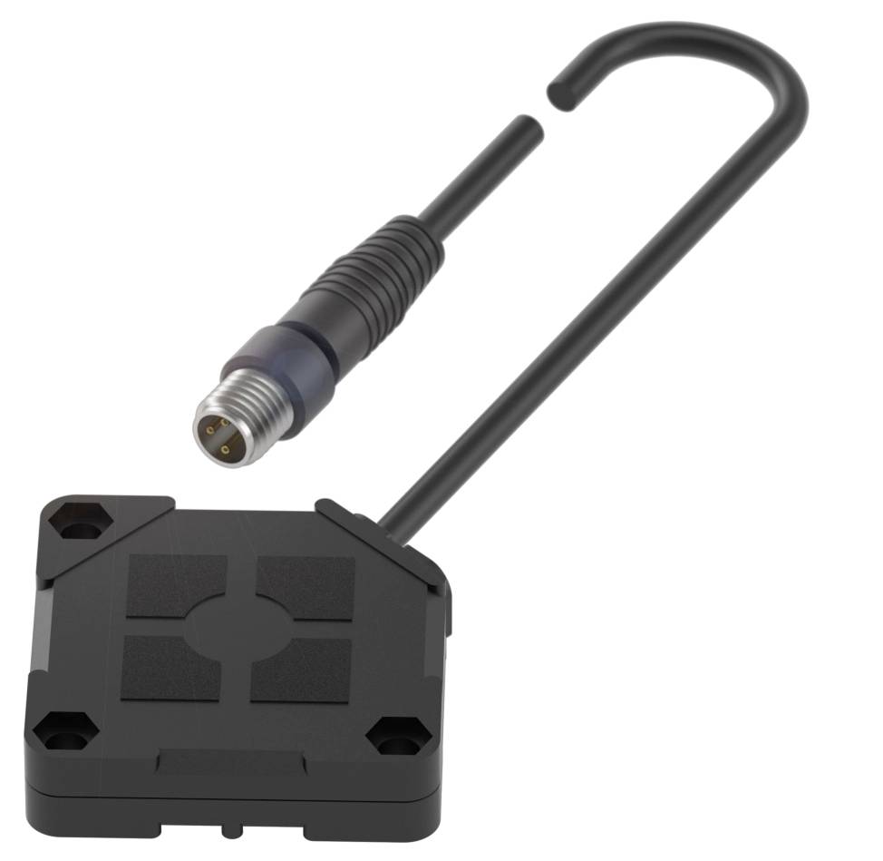 Ein schwarzer, quadratischer elektronischer Sensor mit Kabelanschluss, geeignet für industrielle Anwendungen.