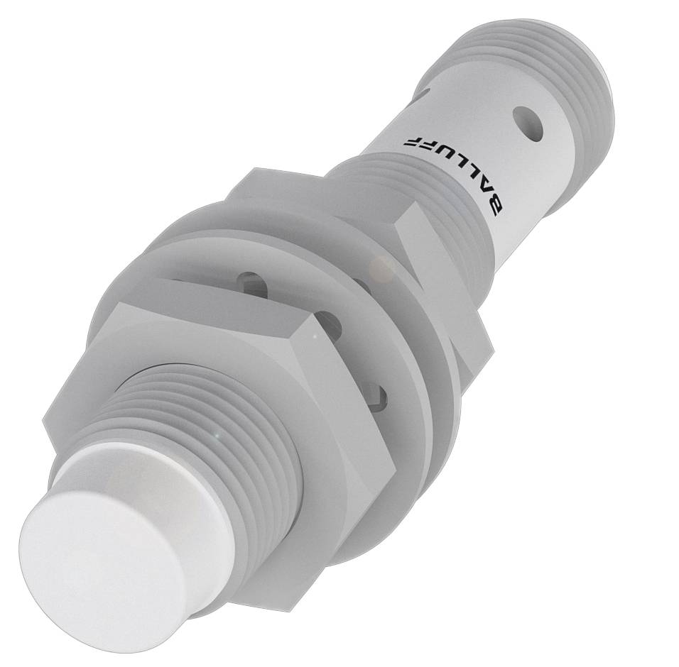 Ein zylindrischer Sensor mit Verschraubungen und Kabelanschluss. Der Sensor hat eine glatte, matte Oberfläche.