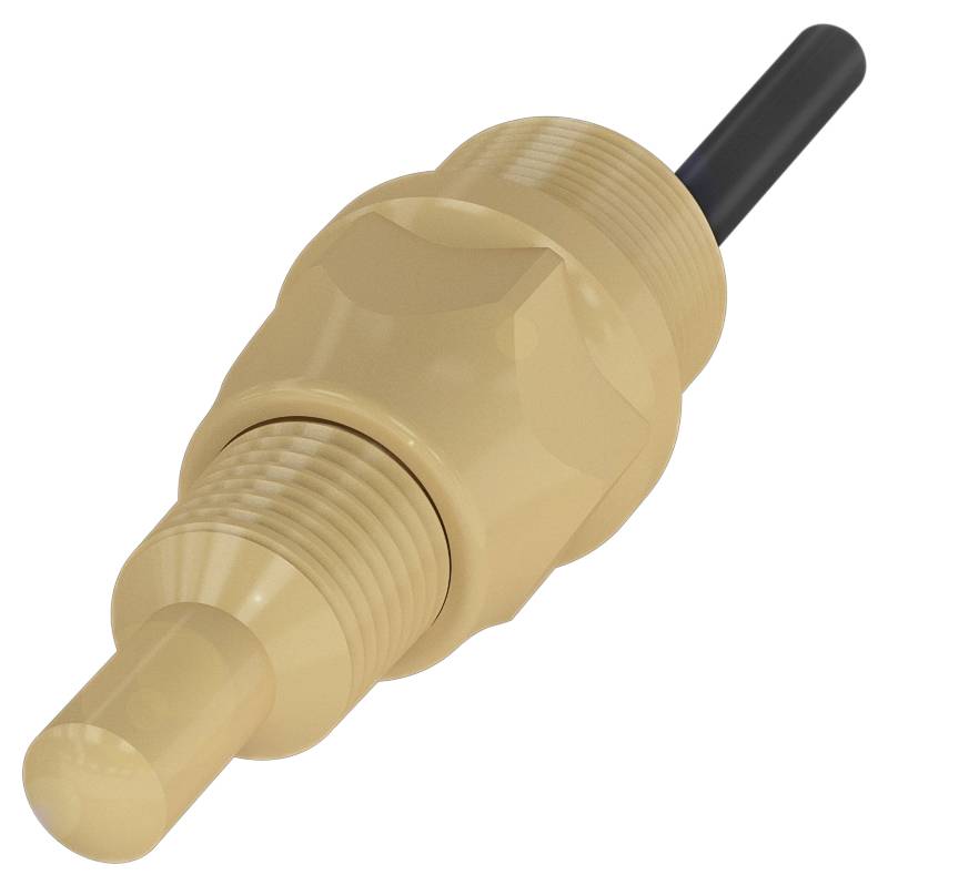 Beigefarbener Sensor mit schwarzem Kabel, zylindrische Form, geriffelte Sektion in der Mitte, verwendet für industrielle Anwendungen.