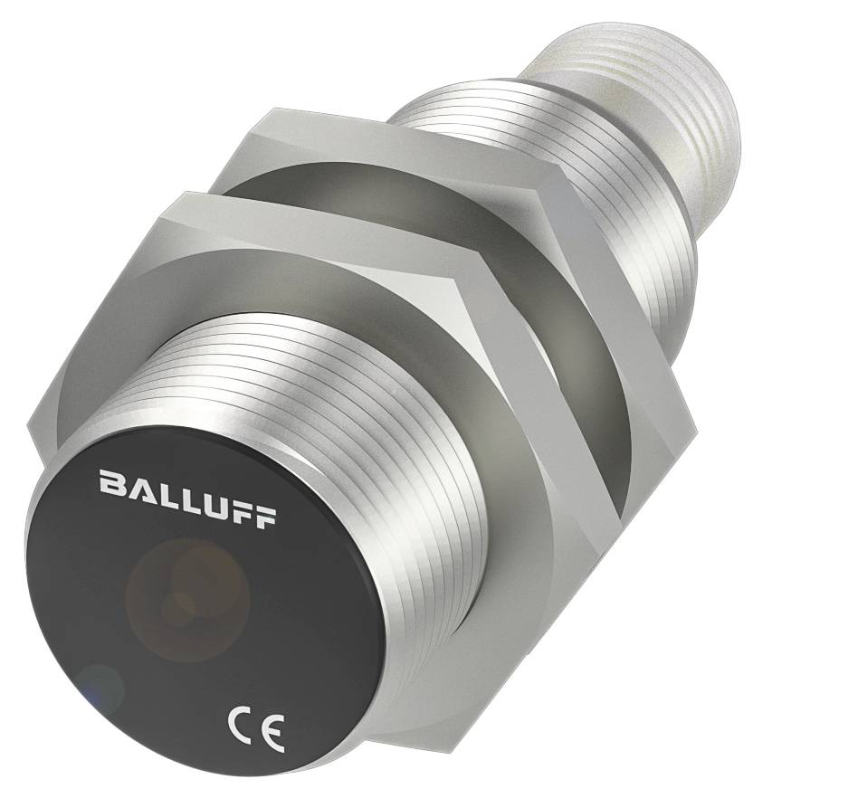 Ein zylindrischer, metallischer Sensor von Balluff mit CE-Kennzeichnung, geeignet für industrielle Anwendungen.