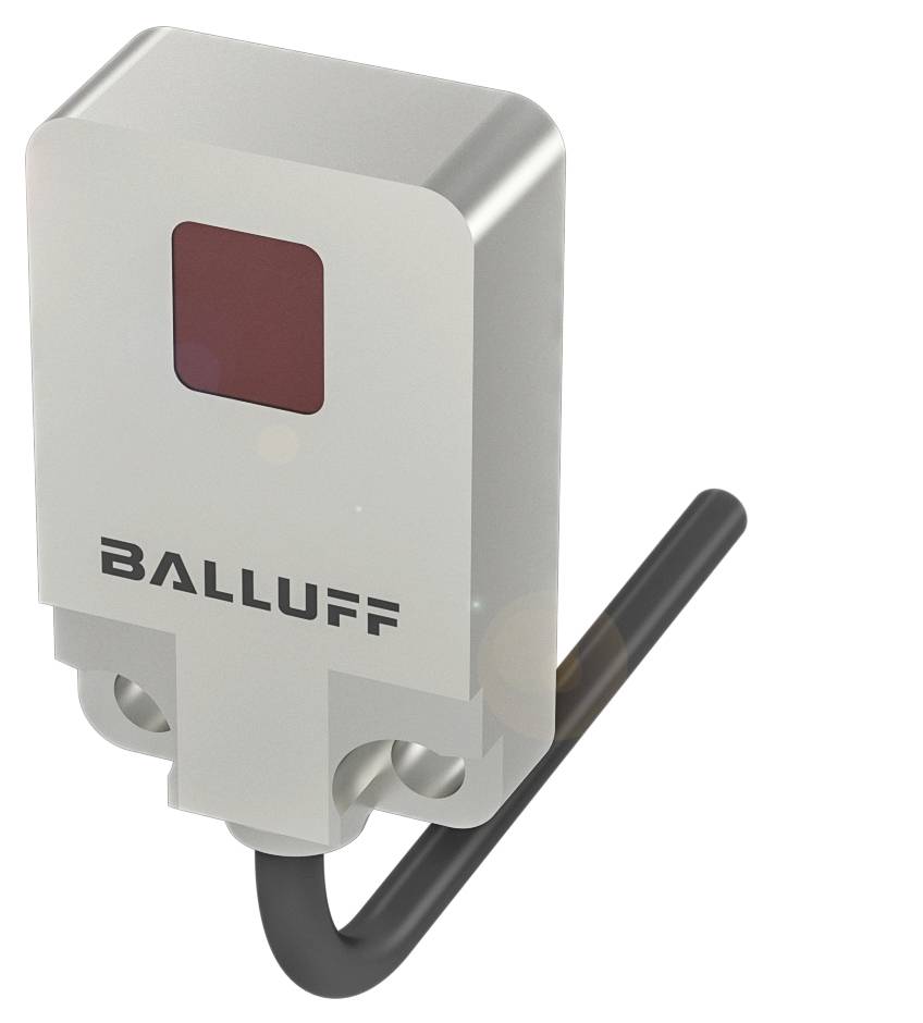 Ein grauer Sensor von Balluff mit rotem Erfassungsfeld und schwarzem Kabel, zur Erkennung von Objekten oder Positionsmessung.