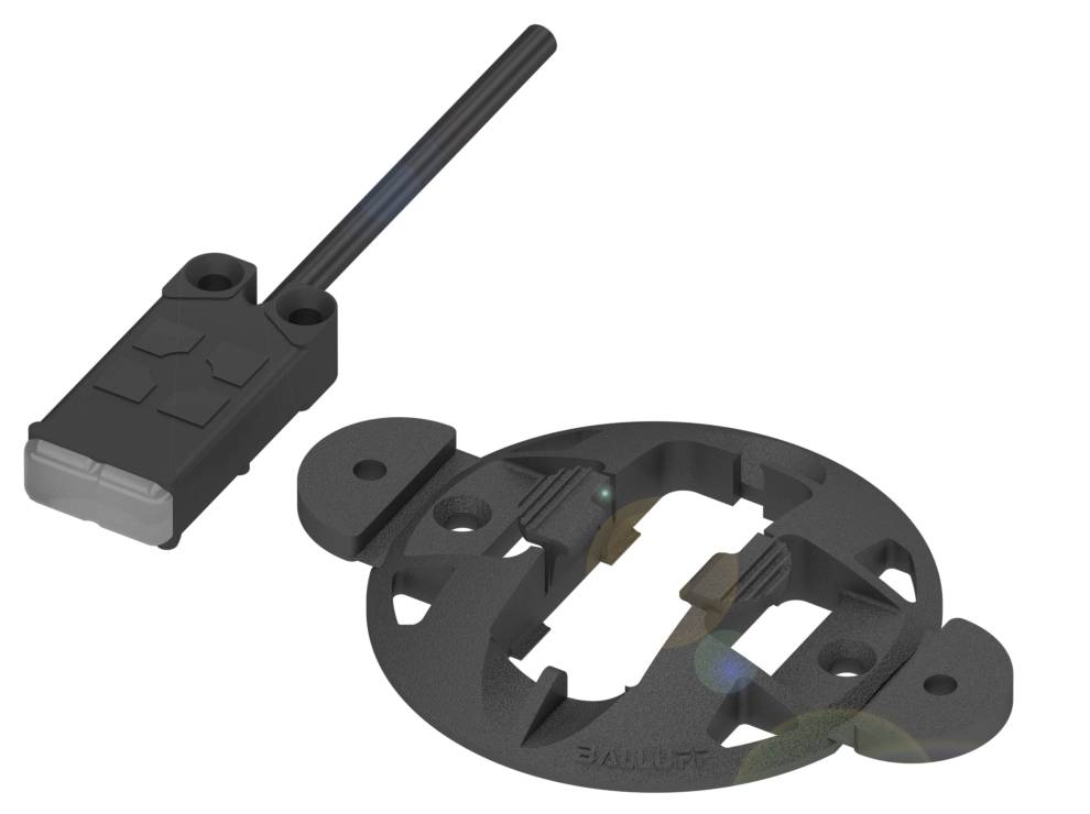 Schwarzer Sensor mit Kabel und runder Halterung. Ideal zur Befestigung an Oberflächen. Kompakt und funktional für technische Anwendungen.