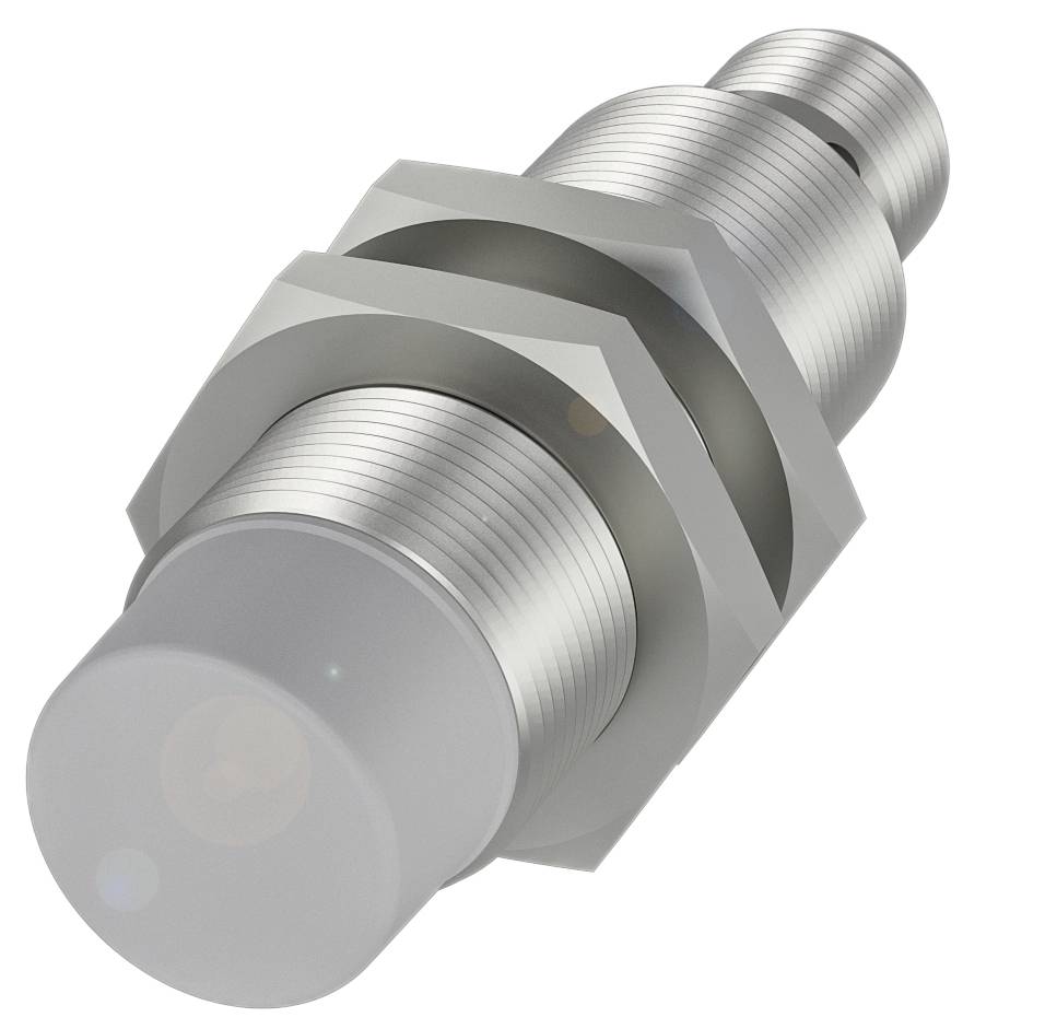 Ein zylindrischer Induktionssensor aus Metall mit Gewinde und sechseckiger Mutter, geeignet für Näherungserkennung in industriellen Anwendungen.