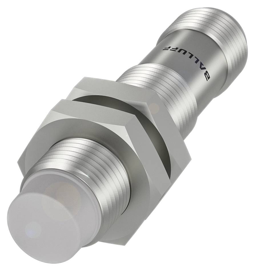 Sensor in zylindrischer Form aus Metall mit sechseckiger Befestigungsmutter, möglicherweise ein Näherungssensor von Balluff.