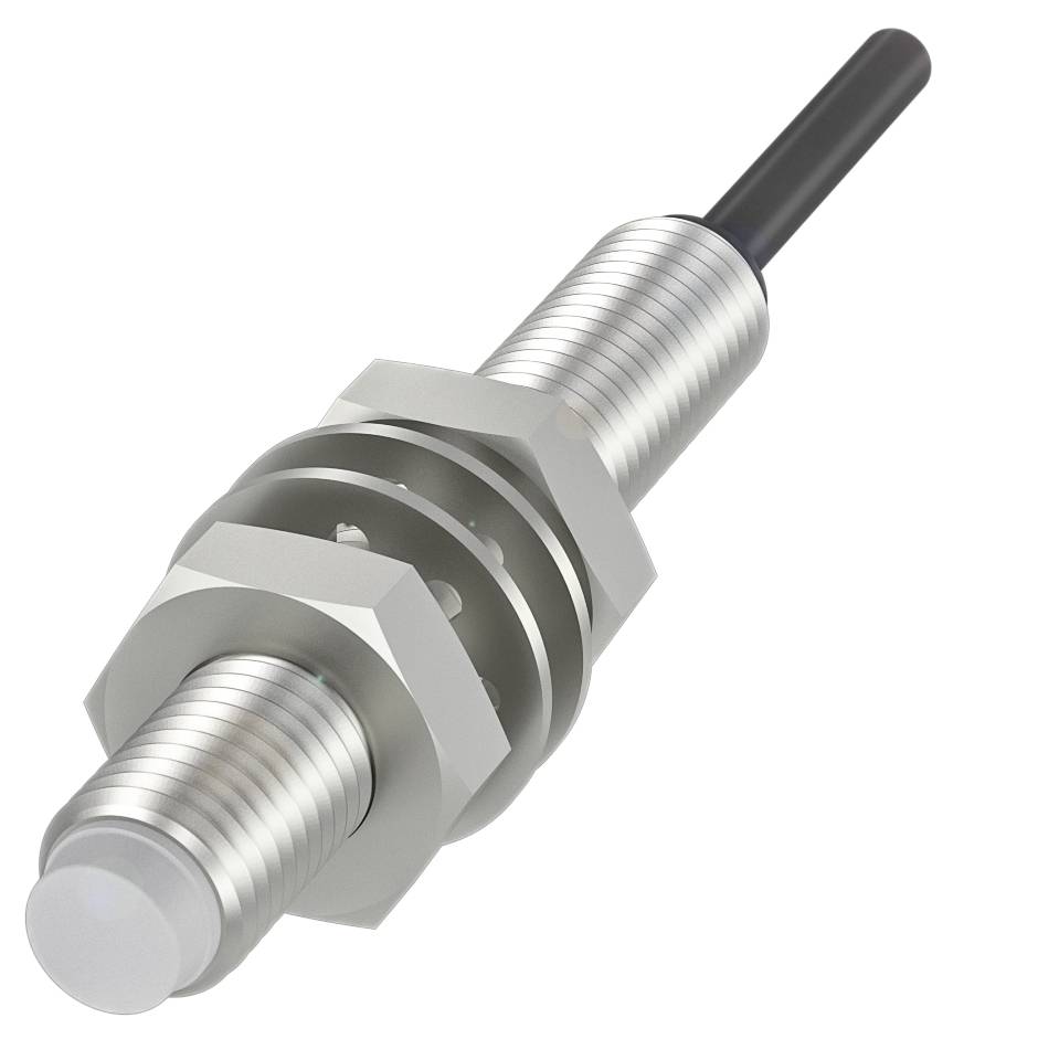 Sensor zur Objekterkennung, zylinderförmig, mit Gewinde und Kabelanschluss, meist in industriellen Anwendungen genutzt.