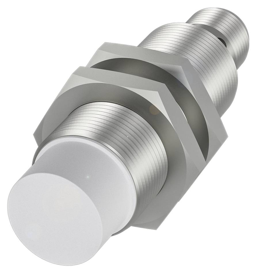 Ein zylindrischer, metallischer Näherungssensor mit gerilltem Gehäuse und weißen Kappe. Zur Objekterkennung in industriellen Anwendungen.