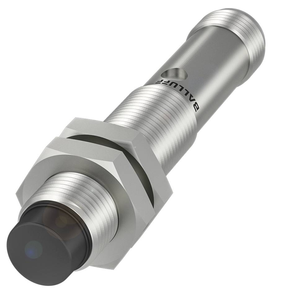 Zylindrischer Sensor aus Metall mit schwarzer Kappe und Schraubgewinde. Markenname 'BALLUFF' auf dem Gehäuse erkennbar.