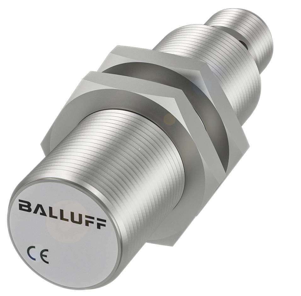 Zylinderförmiger, metallischer Sensor mit Gewinde und Markierung 'BALLUFF'. Geeignet für industrielle Anwendungen. CE-Zeichen sichtbar.