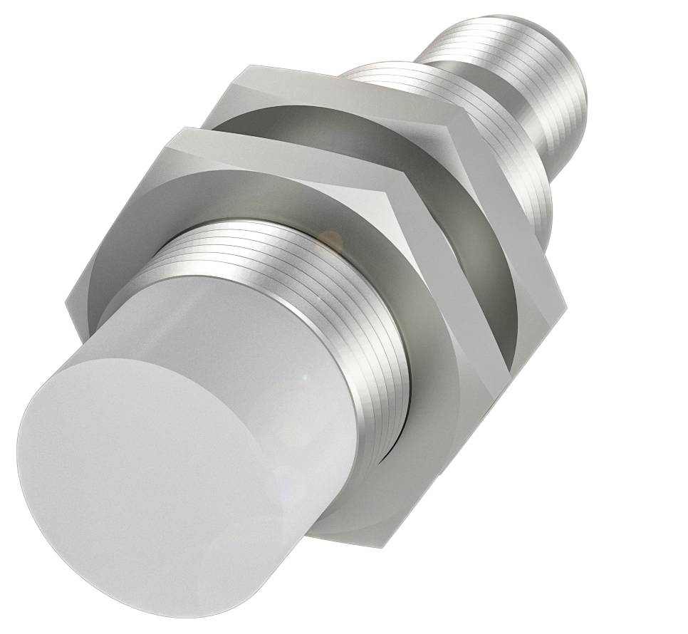 Ein zylindrischer, silberner Metallbolzen mit Gewinde und zwei Sechskantmuttern.