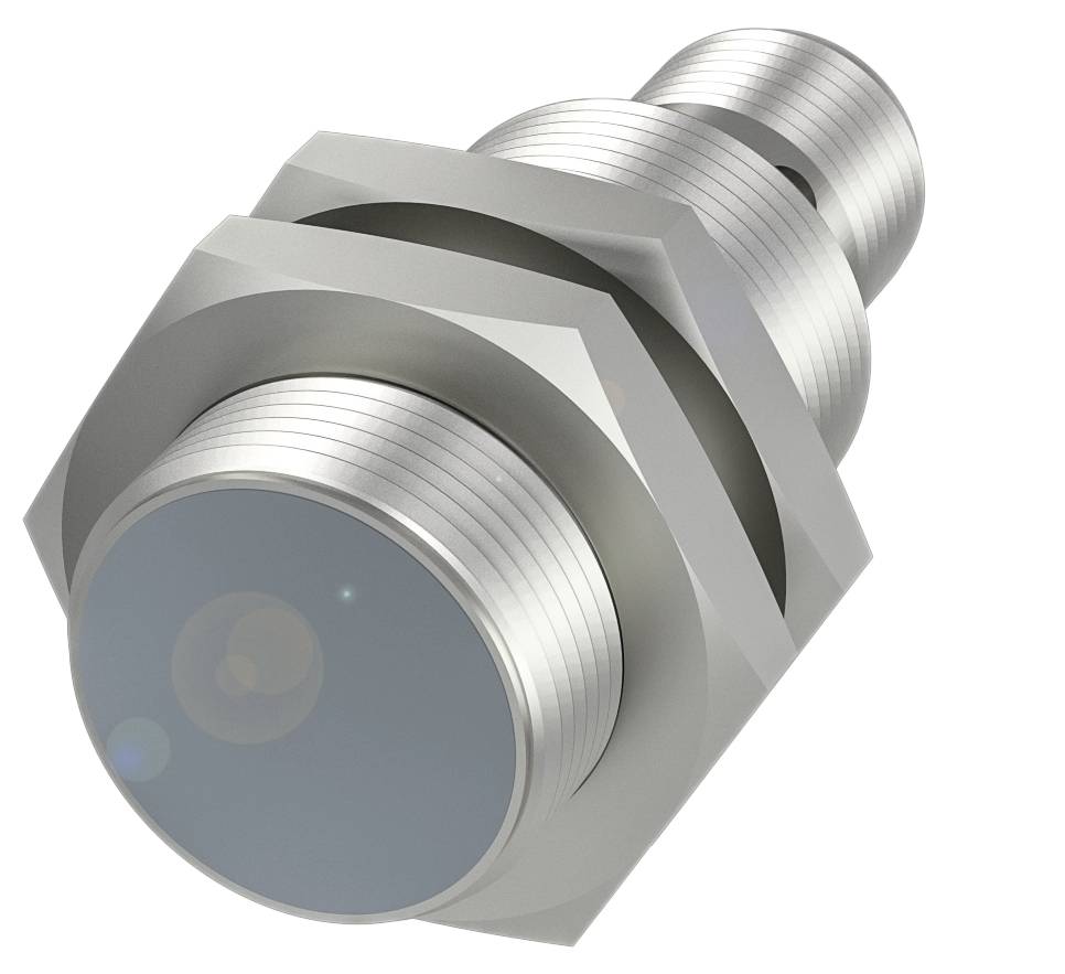 Zylinderförmiger Metallsensor mit Gewinde und Sechskantkopf, in seitlicher Ansicht dargestellt. Entwickelt für industrielle Anwendungen.