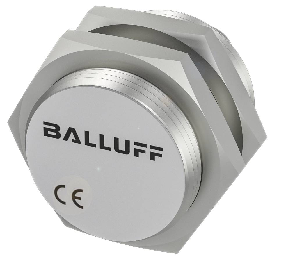 Runder metallischer Sensor mit der Aufschrift 'BALLUFF' und CE-Kennzeichnung.