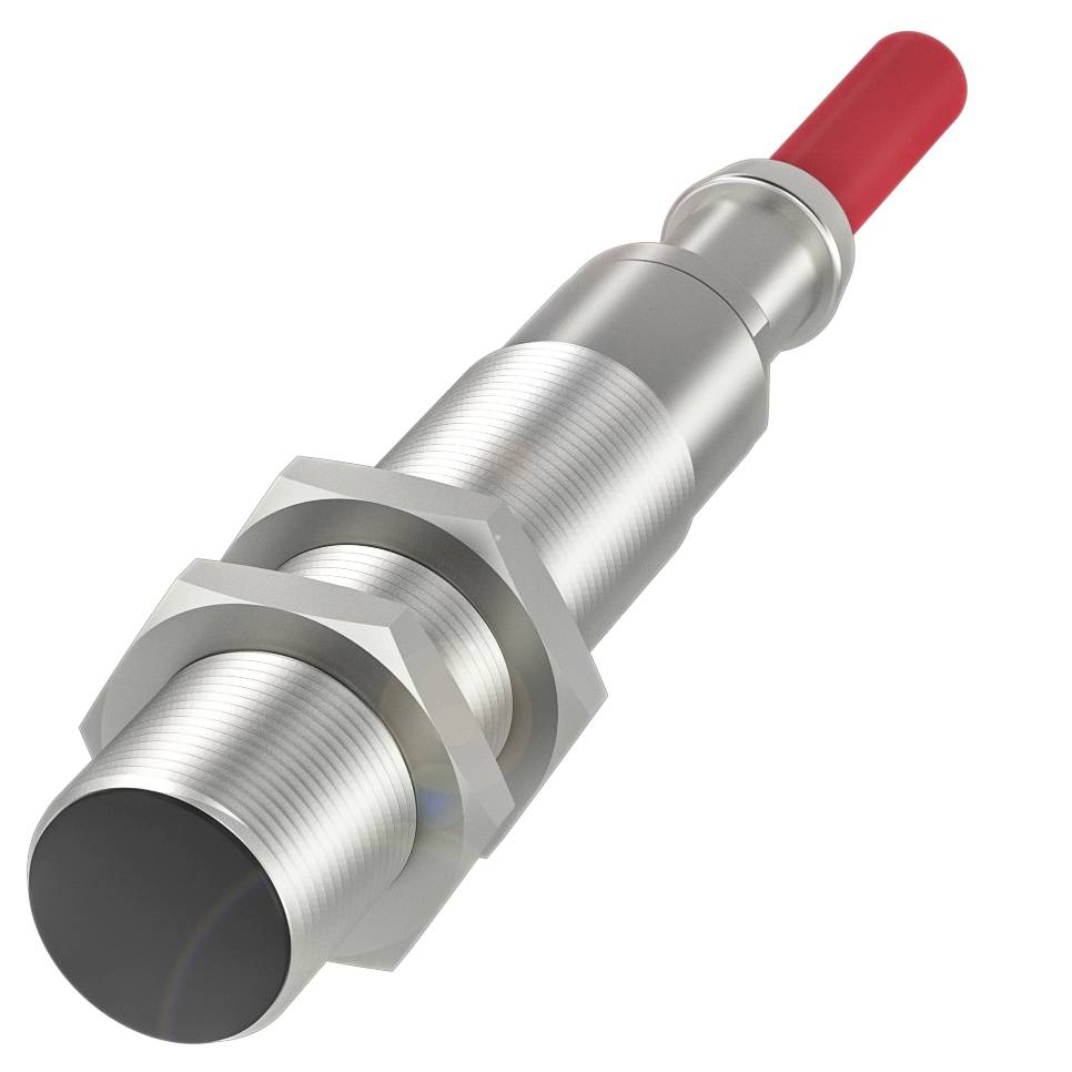 Ein zylindrischer Metallsensor mit rotem plastiküberzogenem Ende, verwendet für industrielle Anwendungen oder Maschinensicherheit.