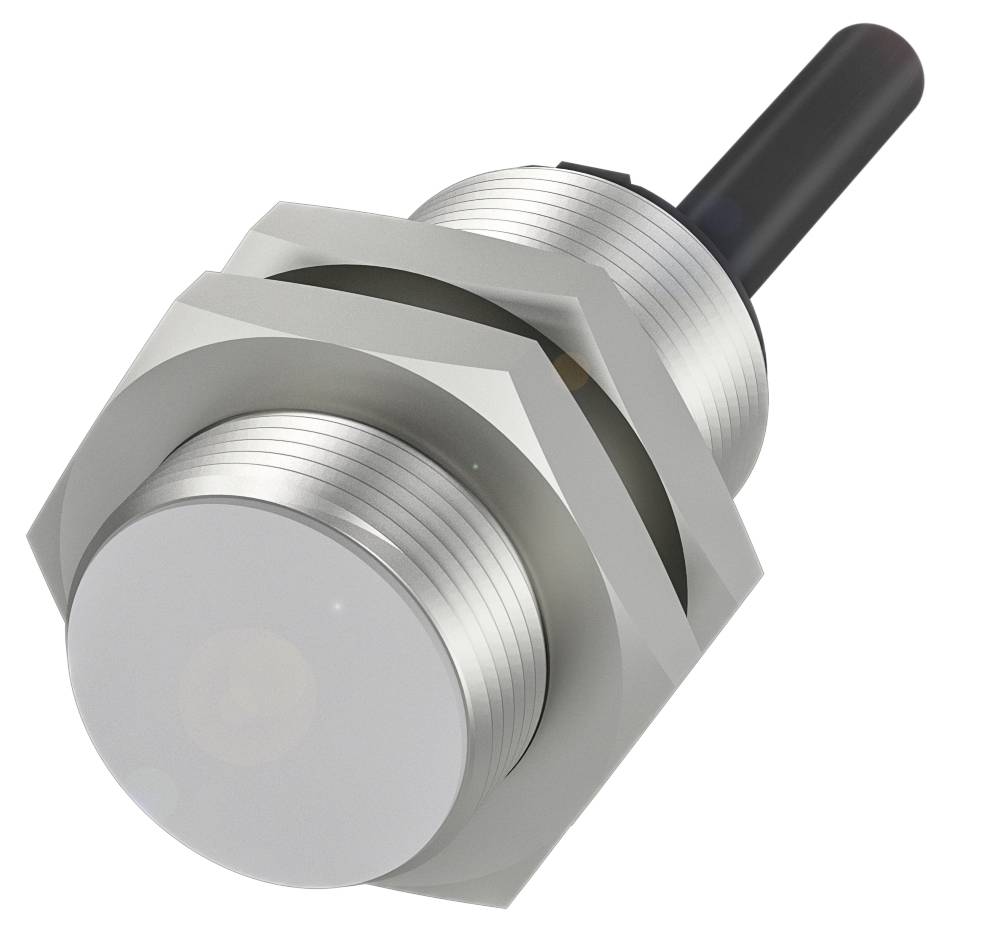 Ein zylindrischer Metallsensor mit Sechskantmutter und Anschlusskabel.