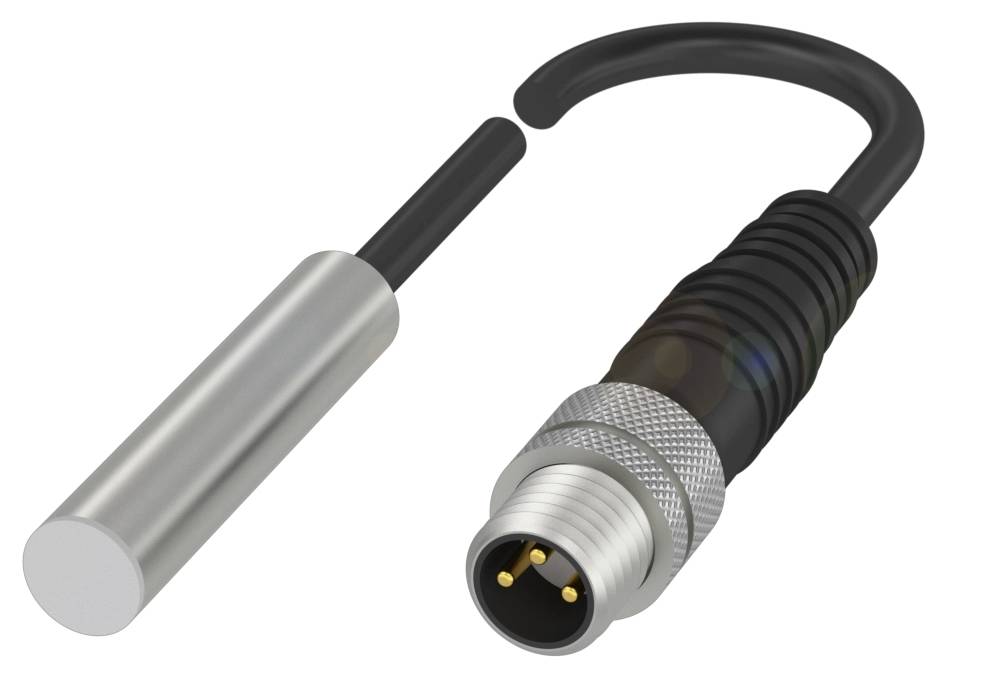 Induktiver Näherungsschalter mit zylindrischem Sensor und Anschlusskabel mit M8-Stecker, geeignet für industrielle Anwendungen.