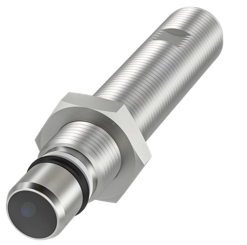 Ein zylindrischer Näherungssensor aus Metall mit schwarzer Spitze, geeignet zur Erkennung von Objekten ohne physischen Kontakt.