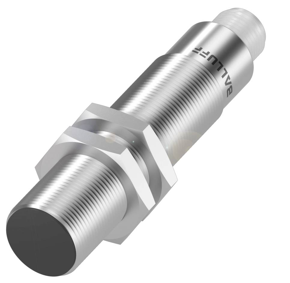 Ein zylindrischer Näherungssensor aus Metall mit Gewinde und Beschriftung. Ermöglicht berührungslose Objekterkennung.