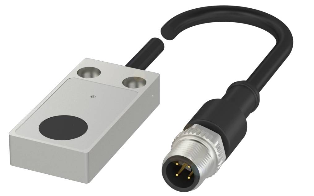 Ein rechteckiger Näherungssensor mit Kabel und rundem Stecker, erkennbar an seinen zwei runden Löchern und einer schwarzen Fläche.