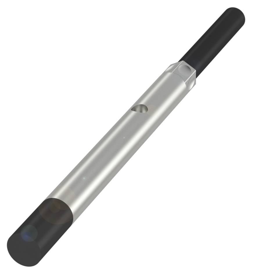 Ein silberner und schwarzer metallischer Stift, möglicherweise ein Werkzeug oder Gerät, mit zylindrischer Form und glattem Finish.