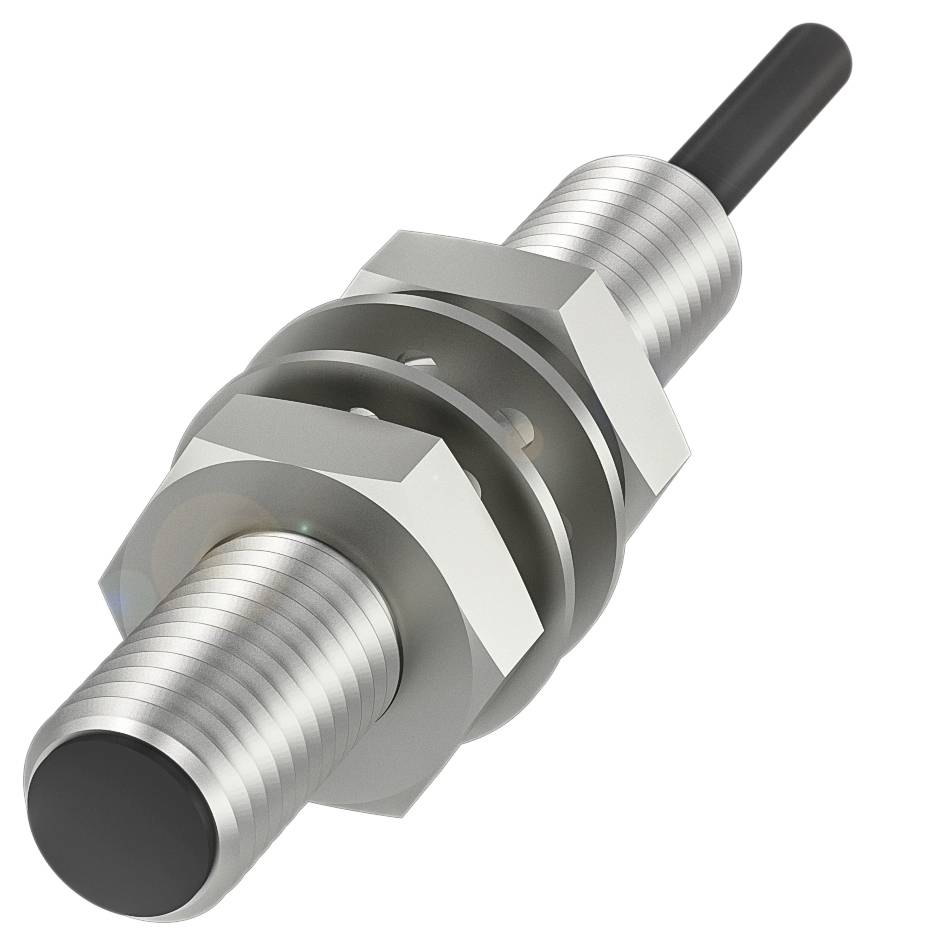 Ein zylindrischer, metallischer Annäherungssensor mit Gewinde und schwarzem Kopf. Eignet sich zur Erkennung von Objekten aus Metall.