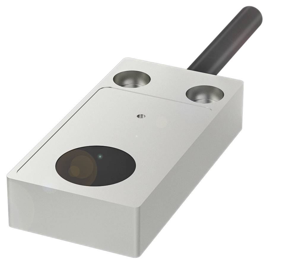 Ein rechteckiges, metallisches Sensorgerät mit zwei kreisförmigen Öffnungen und einer Antenne an der rechten Seite.
