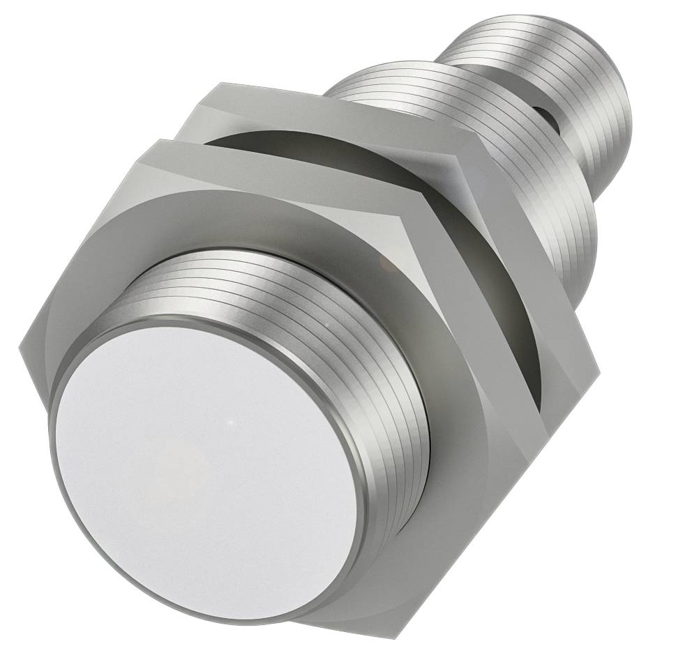 Sensor aus Metall mit zylindrischer Form und Sechskantmutter, geeignet für industrielle Anwendungen.