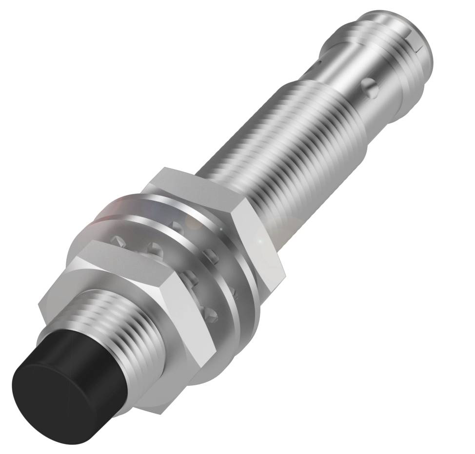 Ein zylindrischer Metallgegenstand, vermutlich ein Sensor oder Schalter, mit einem schwarzen Ende und einem Gewinde zur Befestigung.