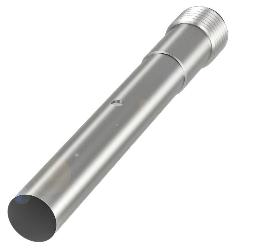 Ein metallisches, zylindrisches Rohr mit einem Gewinde an einem Ende. Es scheint Teil eines mechanischen Systems zu sein.