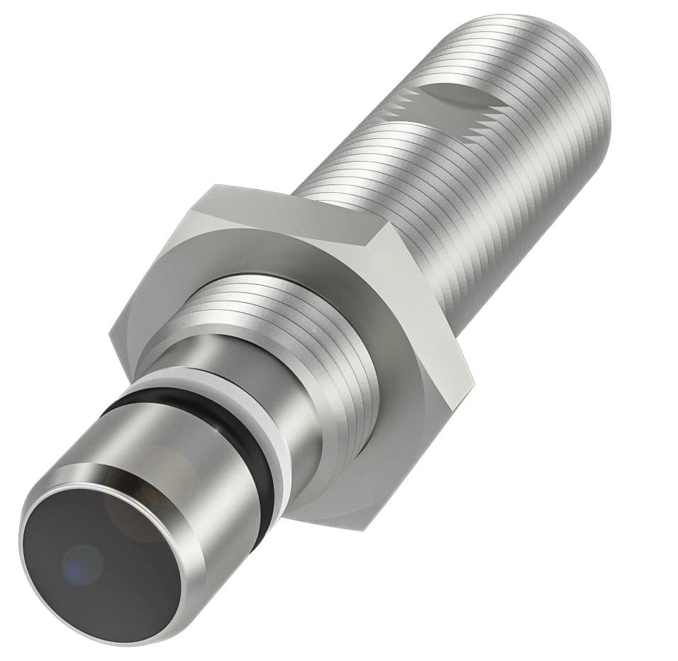 Metallischer zylindrischer Sensor, oft zur Objekterkennung in automatisierten Systemen verwendet, mit Gewinde für einfache Montage.