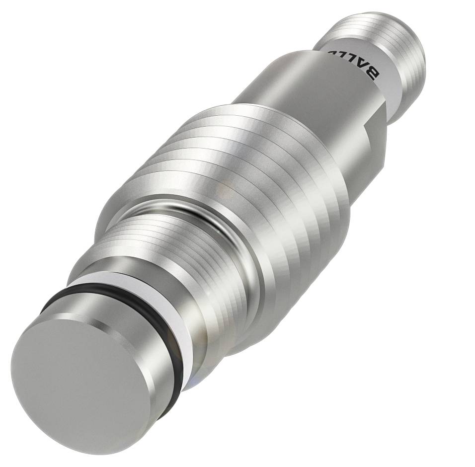 Ein silbernes, zylindrisches Ventil mit mehreren Rillen und Dichtungen, möglicherweise Teil einer Maschinen- oder Rohrsysteminstallation.