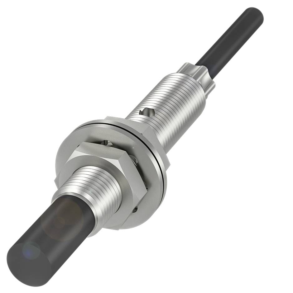Metallischer zylindrischer Sensor mit Gewinde und Kabel, typischerweise verwendet zur Erkennung von Objekten oder Abständen in automatisierten Systemen.