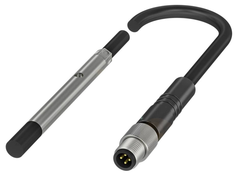 Ein metallischer Sensor neben einem Steckverbinder. Der Sensor hat einen schmalen, zylindrischen Körper. Der Steckverbinder zeigt mehrere metallische Anschlüsse.