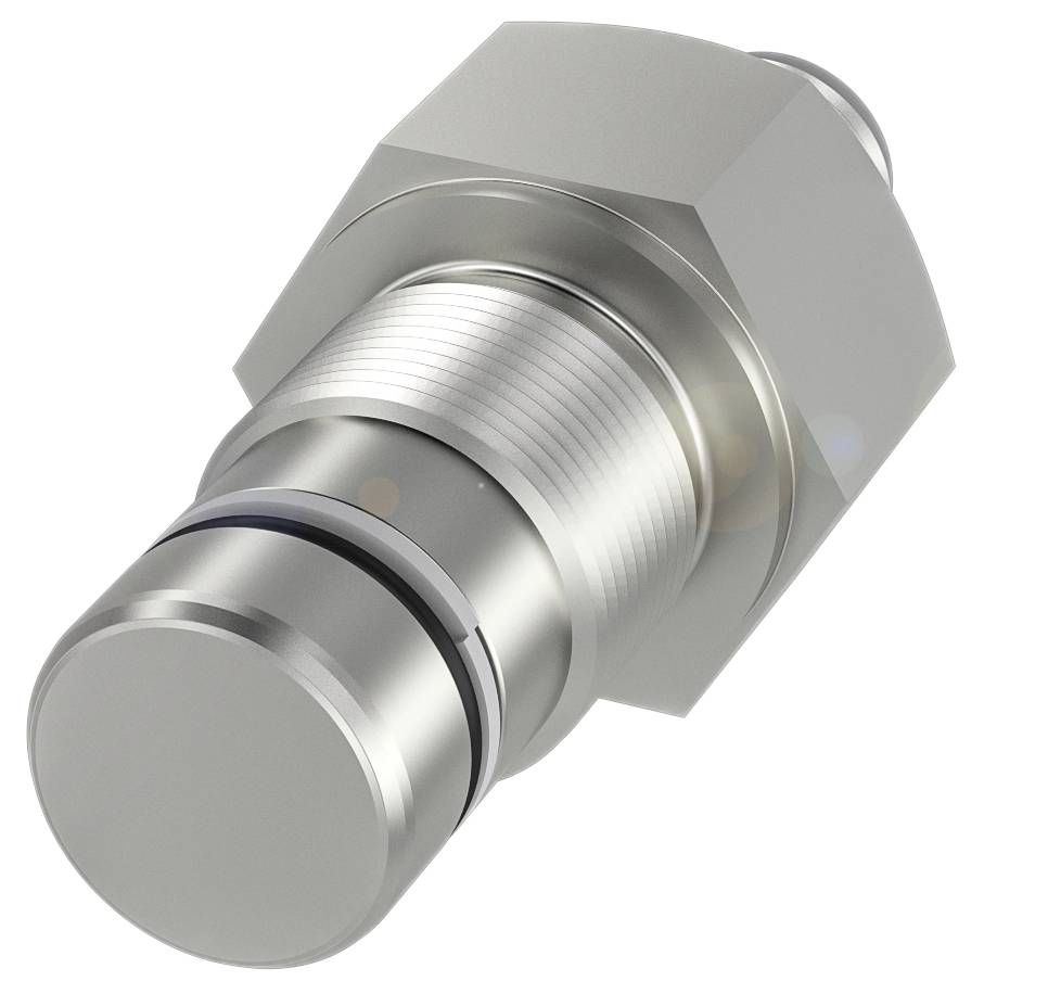 Silberner zylindrischer Metallbolzen mit Gewinde an einem Ende und glatter Fläche am anderen, auf weißem Hintergrund.
