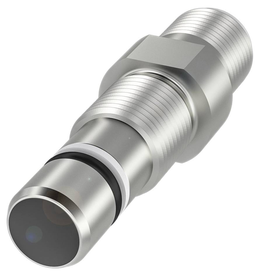 Zylindrischer Metall-Stutzen mit Außengewinde und Dichtungsring, vermutlich ein Rohrverbinder oder Armaturenteil.