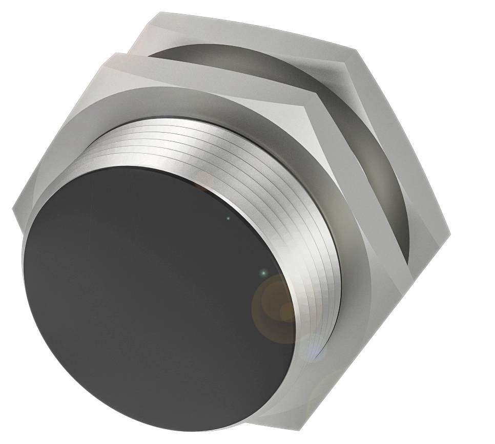 Große silberne Sechskantmutter mit rundem, schwarzem Einsatz in der Mitte.