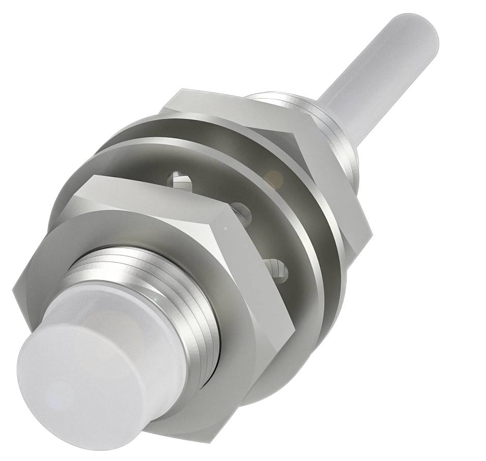 Ein silberfarbenes Maschinenbauteil mit zylindrischem Stab und sechseckigem Schraubgewinde, möglicherweise ein Sensor oder Schalter.