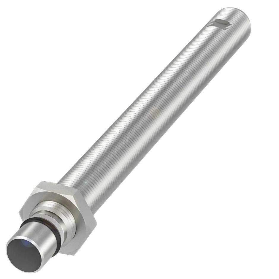 Ein zylindrischer Metallkegel mit Gewinde, vermutlich ein Sensor oder technisches Bauteil, liegt diagonal auf einem weißen Hintergrund.