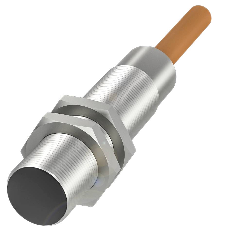 Ein zylindrischer Näherungssensor mit metallischem Gehäuse und orangenem Kabel, häufig in Automatisierungstechnik verwendet.