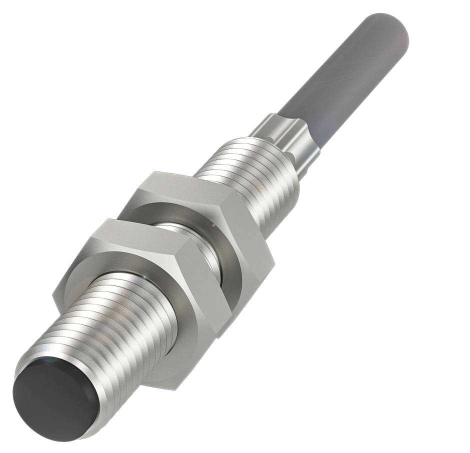 Zylindrischer Näherungssensor mit Gewinde und Kunststoffkappe, geeignet für industrielle Anwendungen zur berührungslosen Objekterkennung.