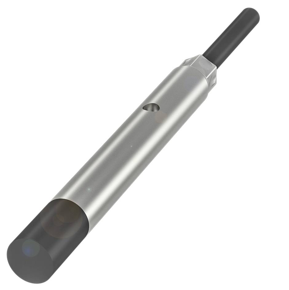 Silberner, zylinderförmiger Metallstift mit schwarzem Ende und Loch in der Mitte. Möglicherweise ein mechanisches Bauteil.
