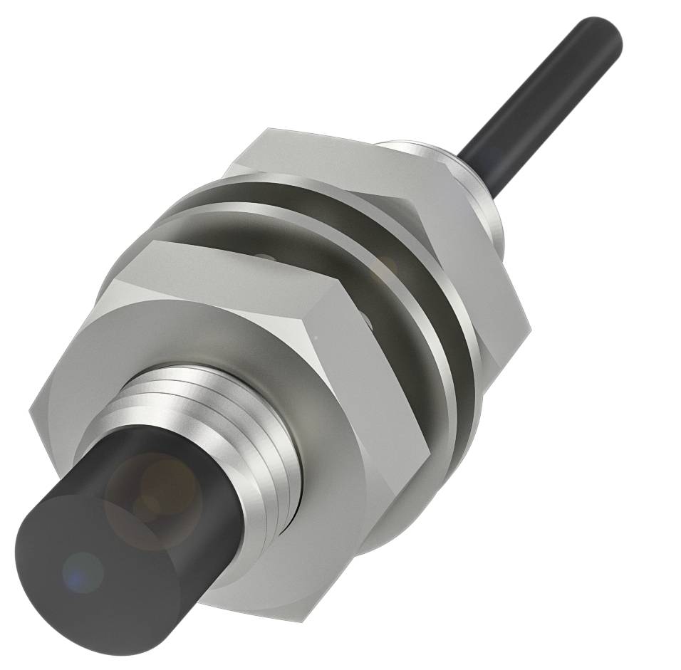 Induktiver Näherungssensor mit silbernem runden Gehäuse und schwarzer Spitze, geeignet für industrielle Anwendungen zur Abstandsmessung.