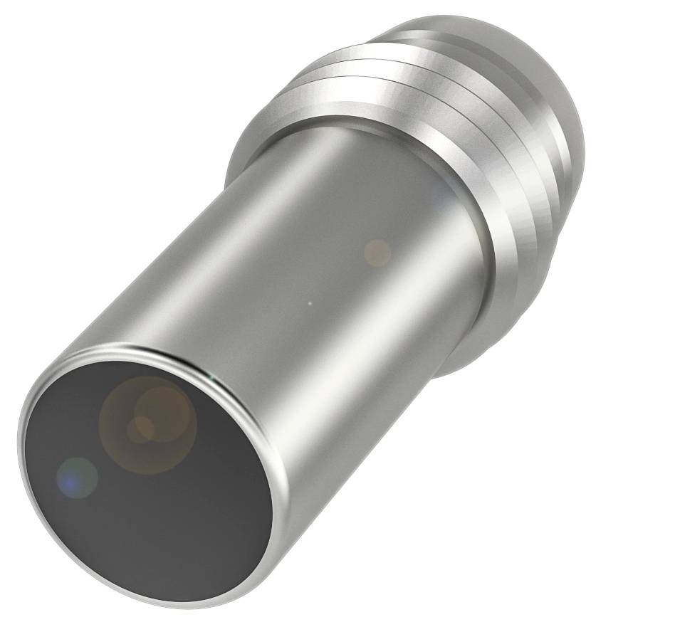 Metallischer zylindrischer Gegenstand, möglicherweise Sensor oder technisches Bauteil, mit reflektierender Oberfläche.