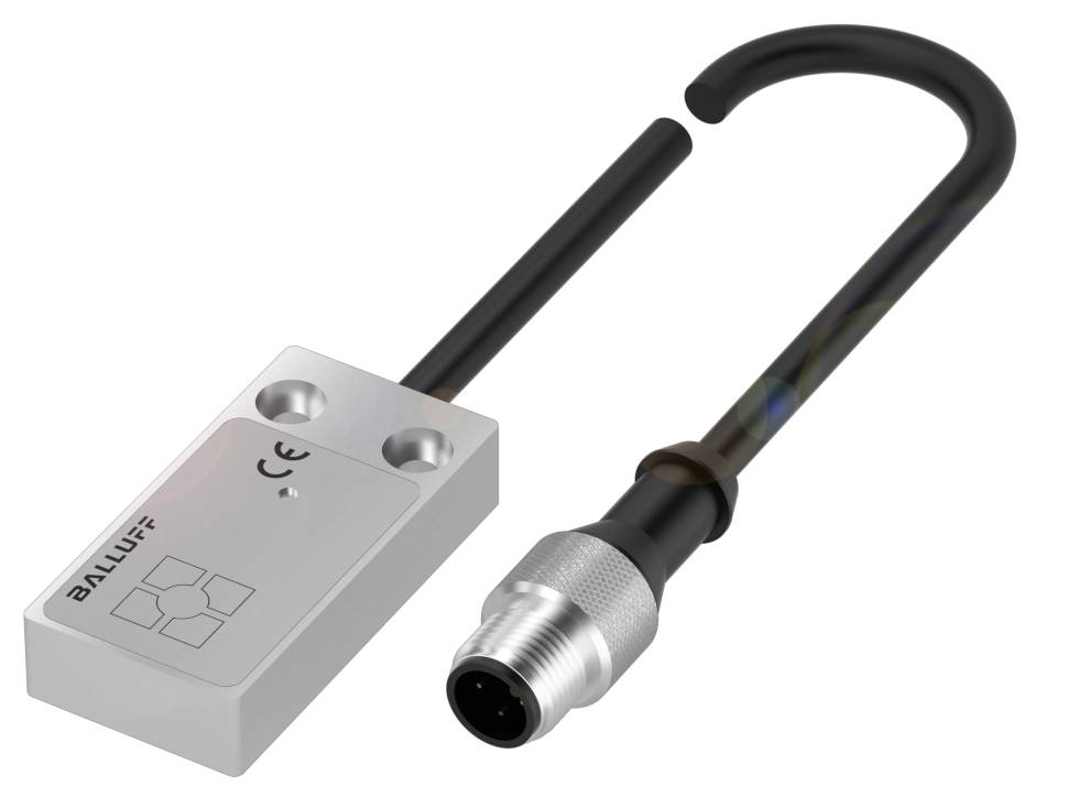 Ein rechteckiger Näherungssensor mit schwarzem Kabel und silbernem Stecker. Markierungen: 'BALLUFF' und 'CE'.