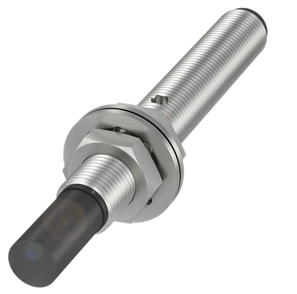 Zylindrischer Sensor aus Metall mit schwarzer Spitze und Gewinde, geeignet zur Erkennung von Objekten in industriellen Anwendungen.